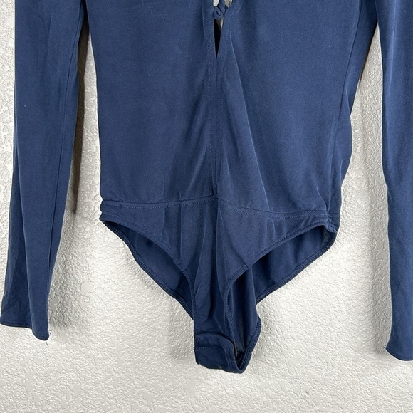 Zara Blue Front Lace Up Low Back Long Leave Bodysuit Top Size Medium - Picture 3 of 8